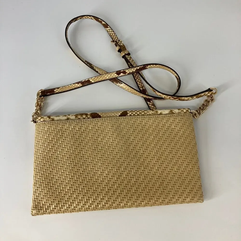 MICHAEL KORS SMALL STRAW AND LEATHER SNAKE PRINT CROSSBODY